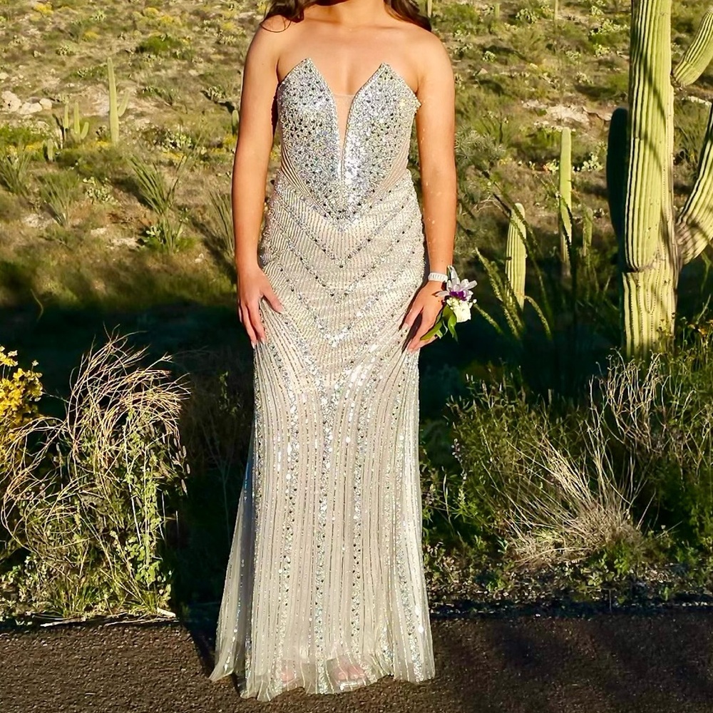 Silver Sleeveless Plunge Gown for Prom